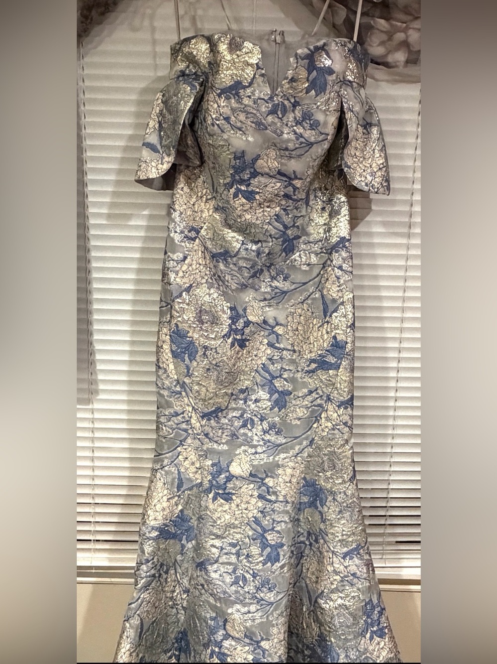 Off-Shoulder Silver and Blue Floral Evening Gown